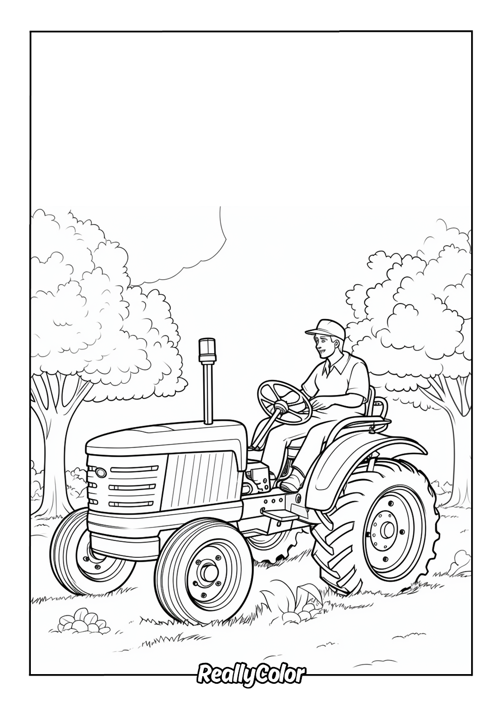Fun coloring page of a tractor with a farmer on it
