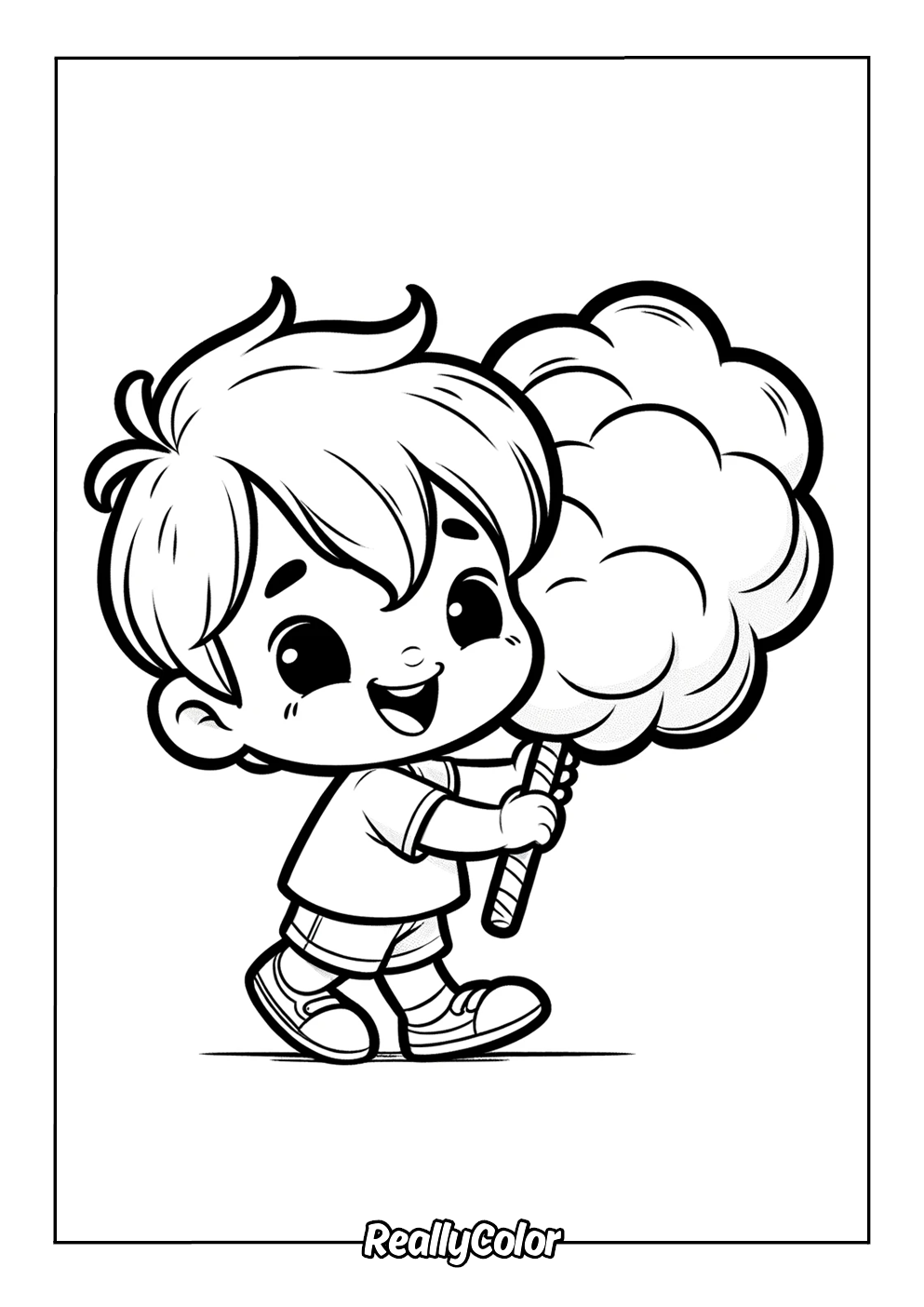 Fun coloring page of cute kid holding cotton candy