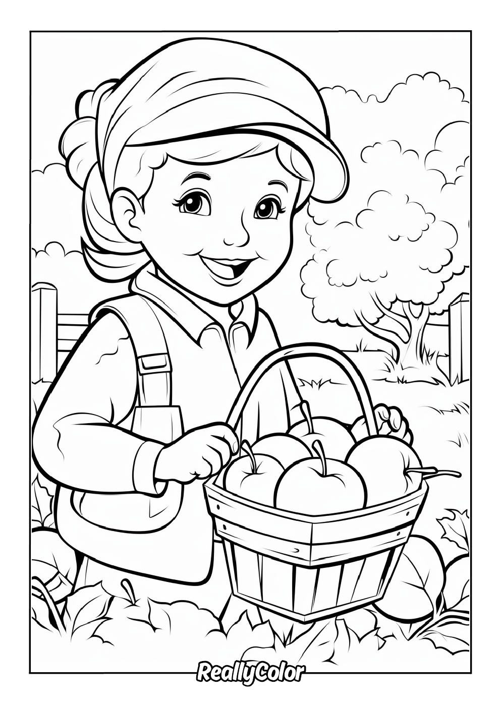 Kid holding a basket full of apples
