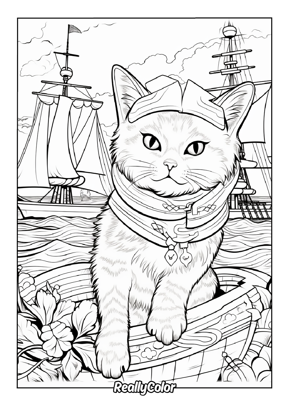 Pirate cat color page for adults