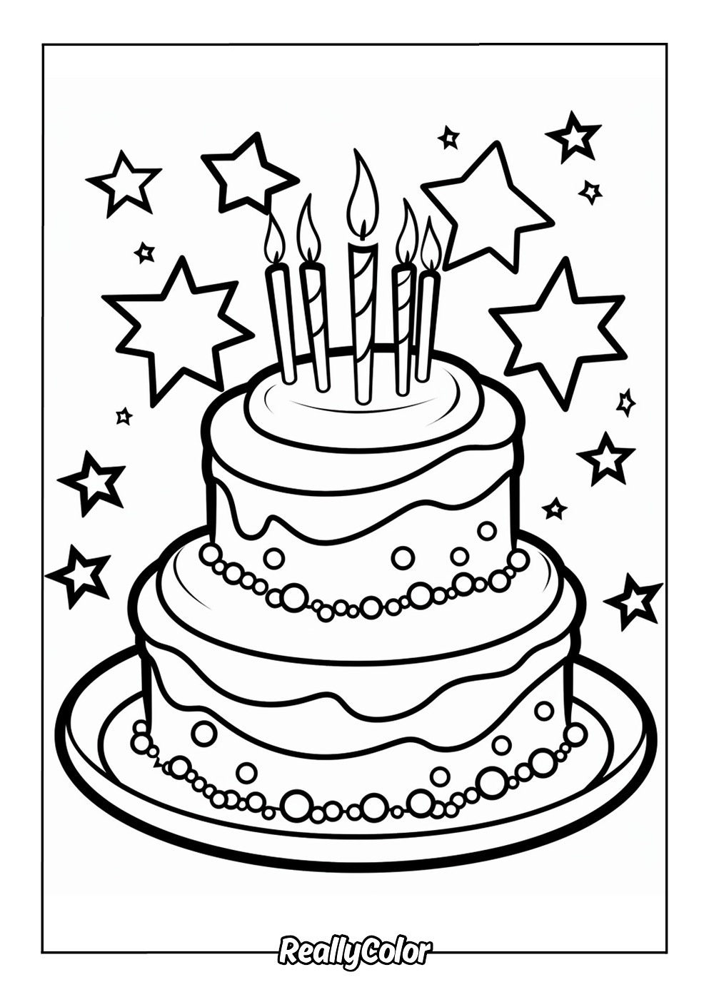 Printable coloring page of a birthday cake