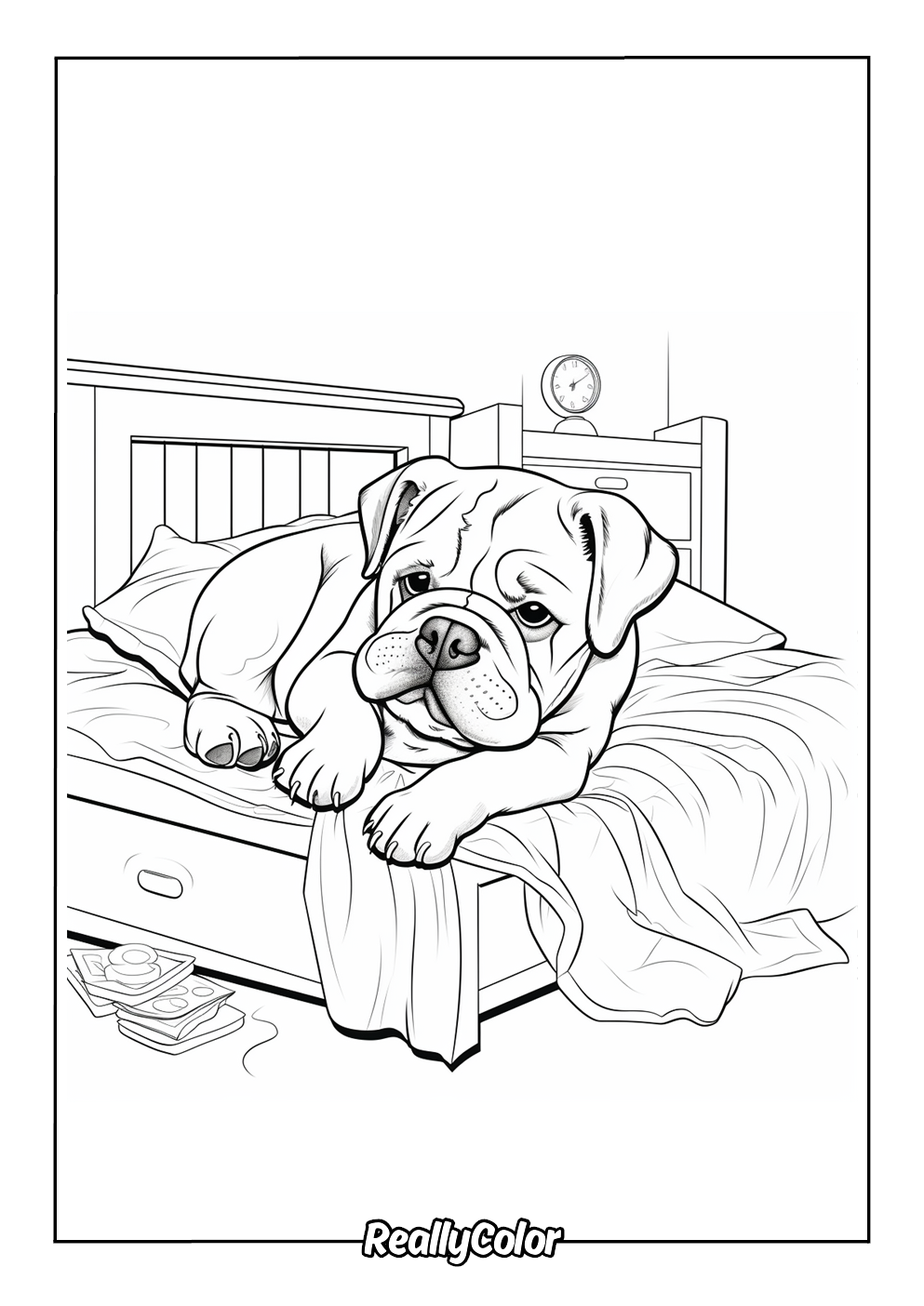 Printable coloring page of a bulldog taking a nap