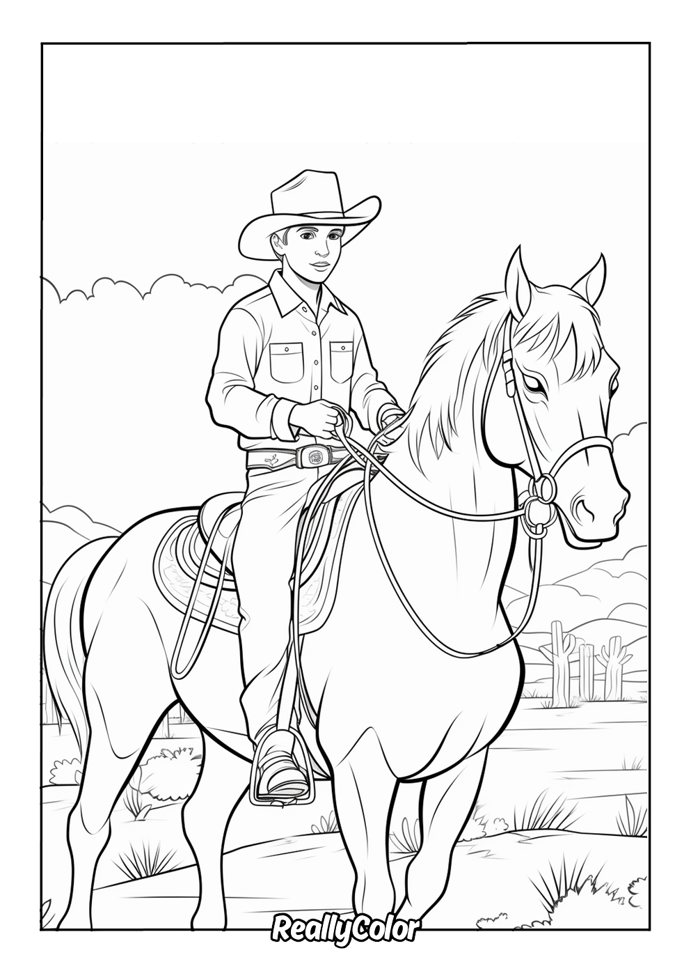 Printable coloring page of a cowboy kid on a horse