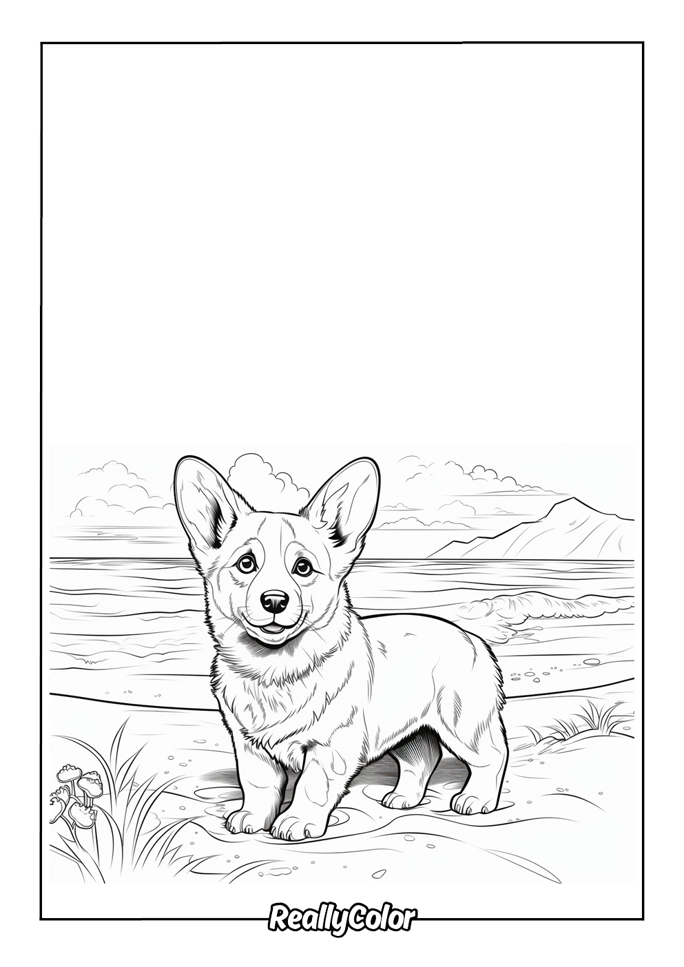 Printable coloring page of a cute corgi at the beach