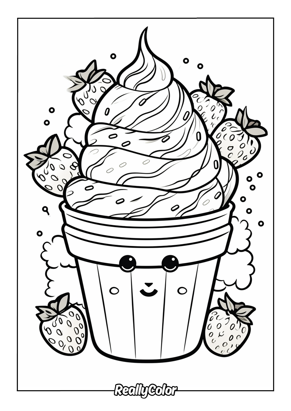 Printable coloring page of ice cream with strawberries