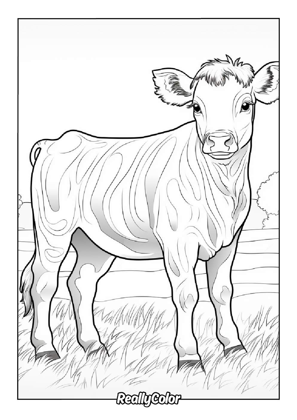 Realistic cow coloring page for adults