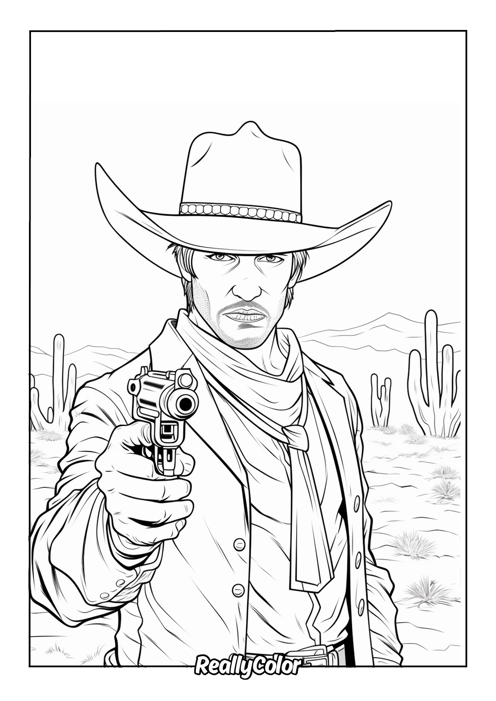 Realistic cowboy coloring page for adults
