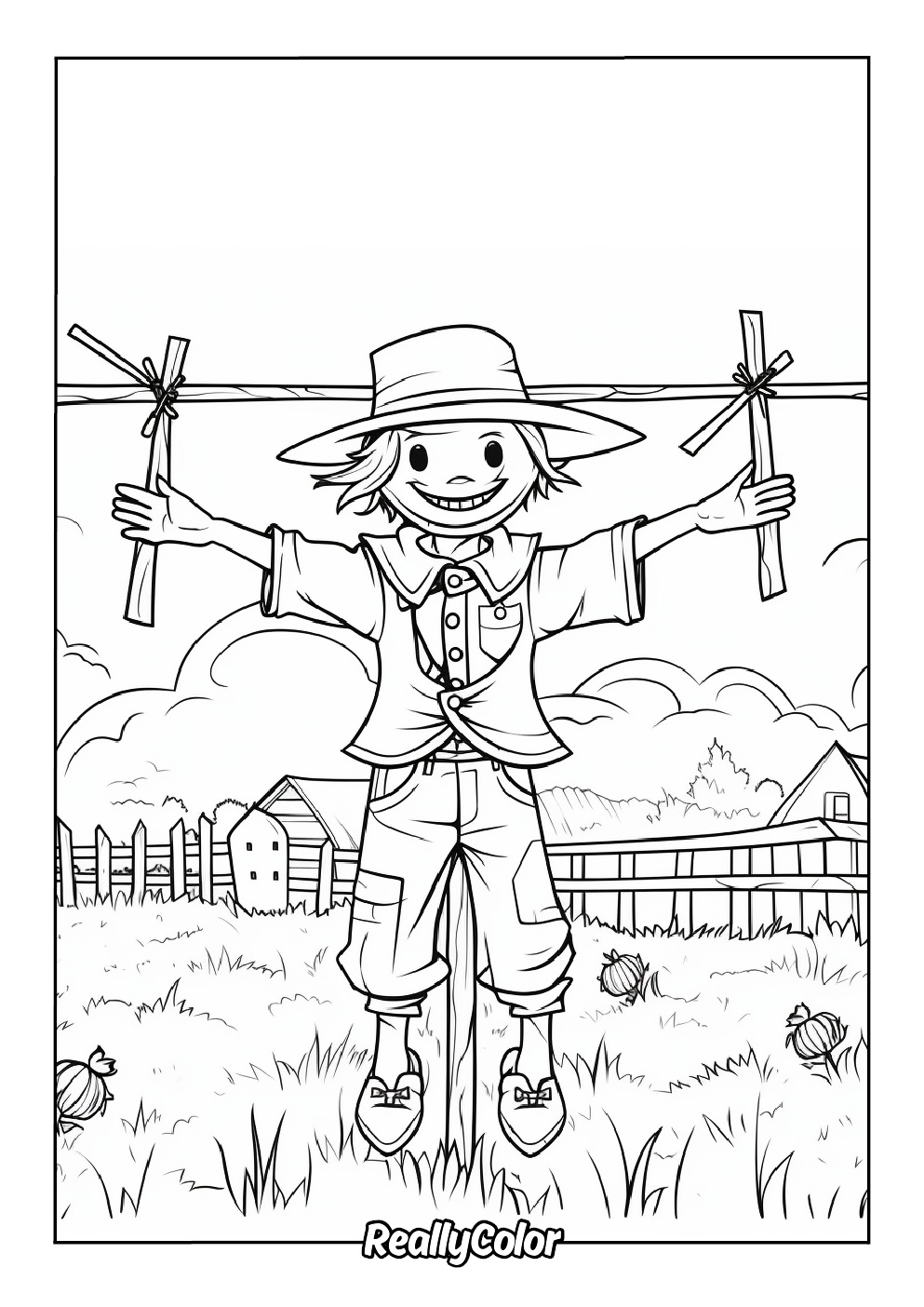 Realistic scarecrow coloring page for adults