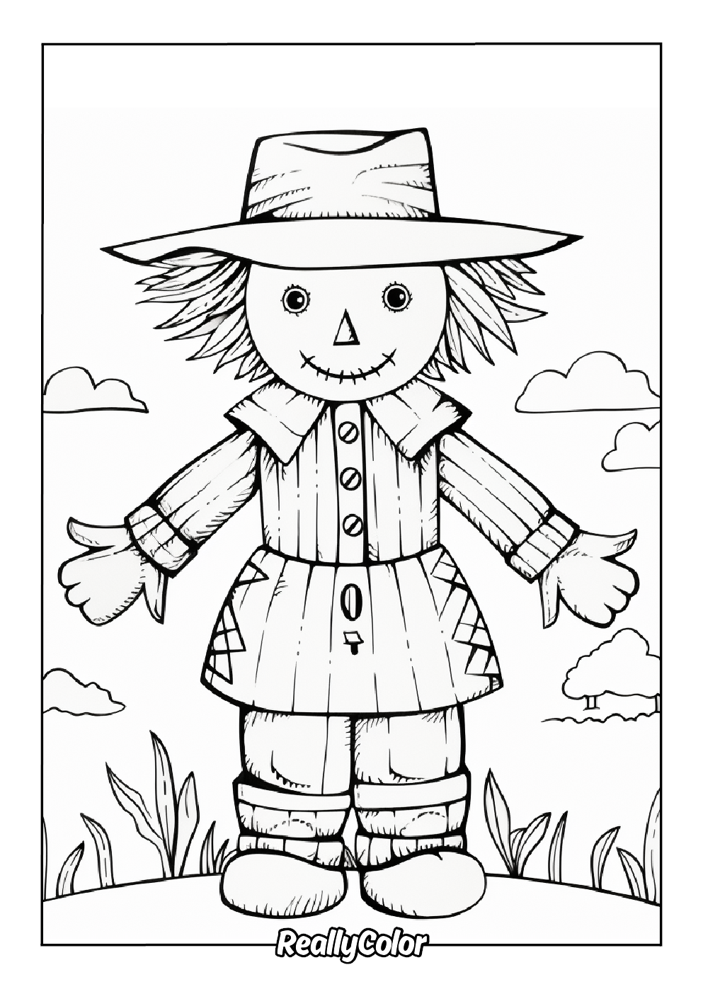 Simple coloring page of a scarecrow