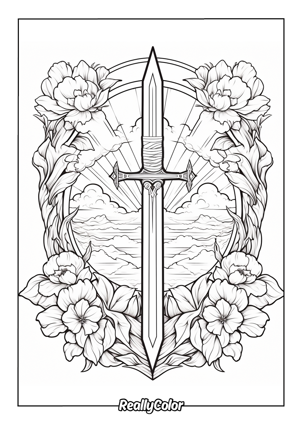 Stunning coloring page of a double-edged sword