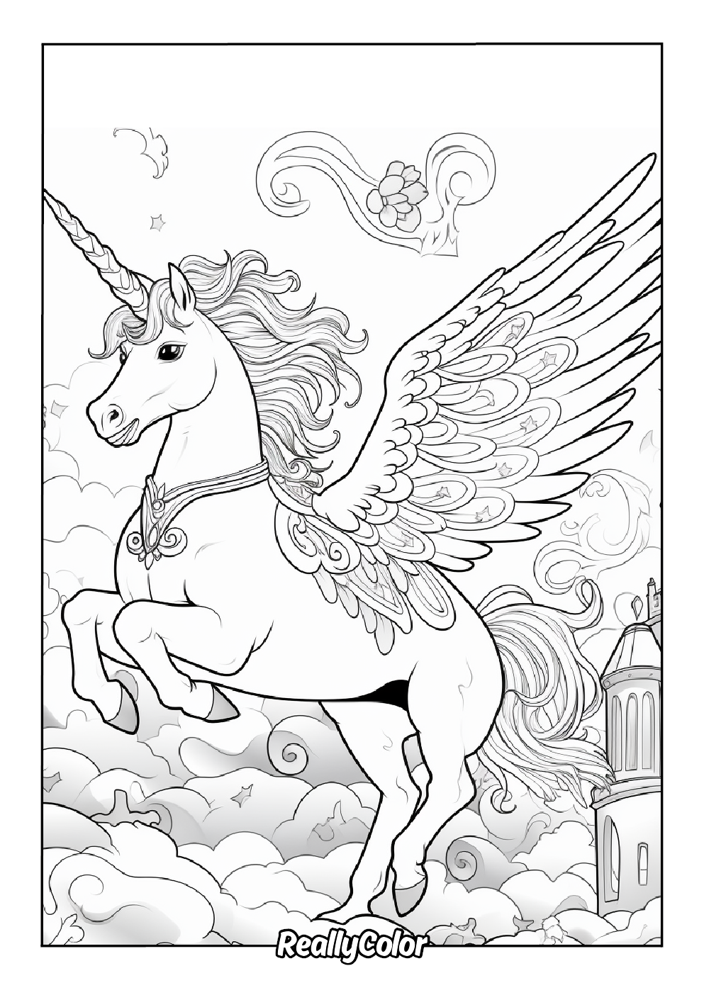 Adults coloring page of an alicorn