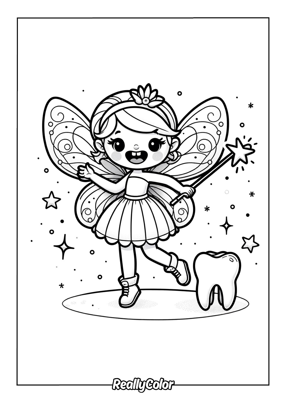 Adorable tooth fairy color page for kids