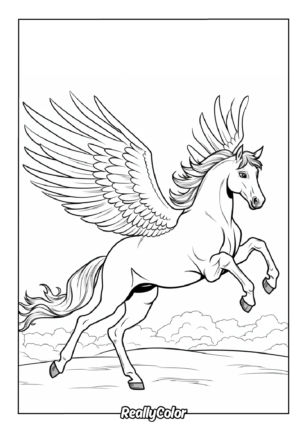 Beautiful free coloring page of a pegasus