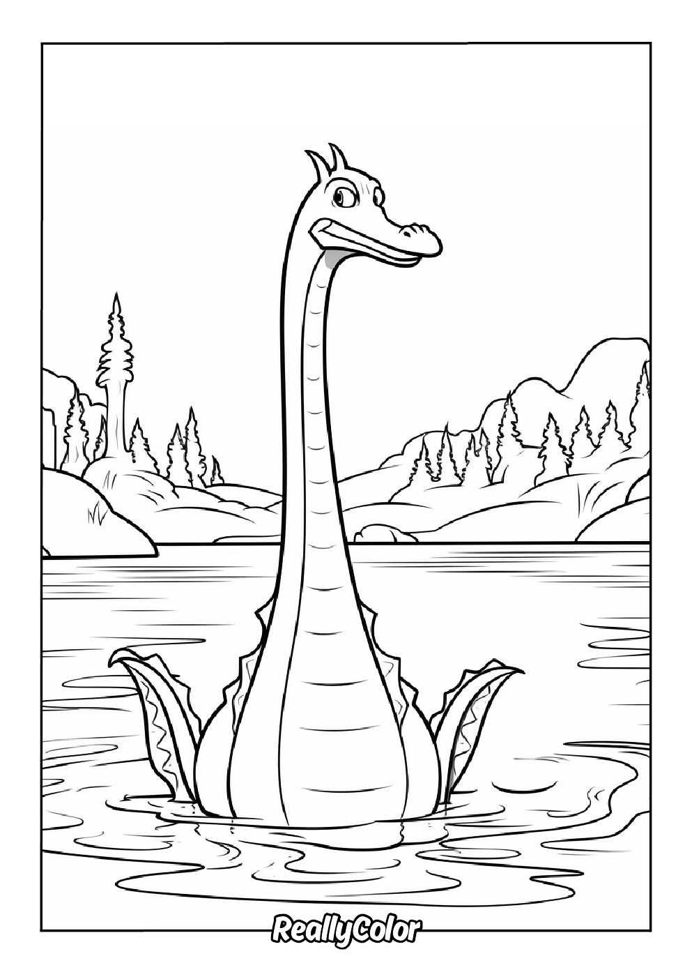 Cartoon coloring page of the loch ness monster