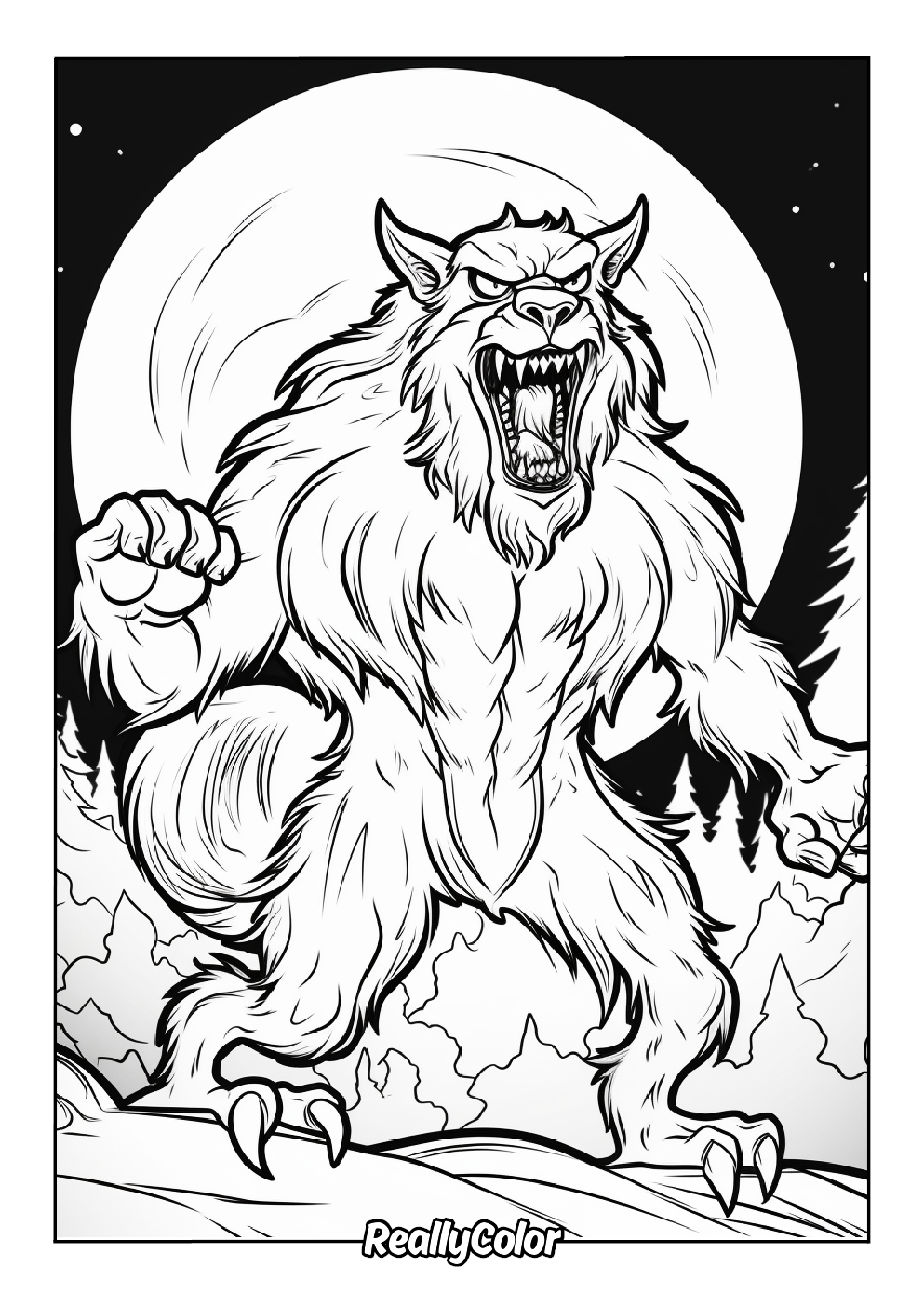 Coloring page of a cartoon werewolf coming out at night