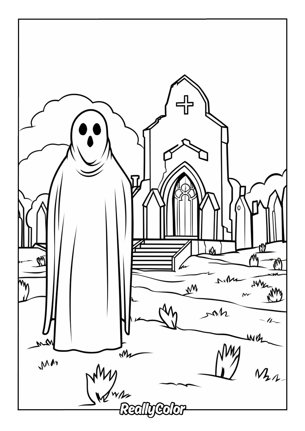 Coloring page of a ghost in a cemetery