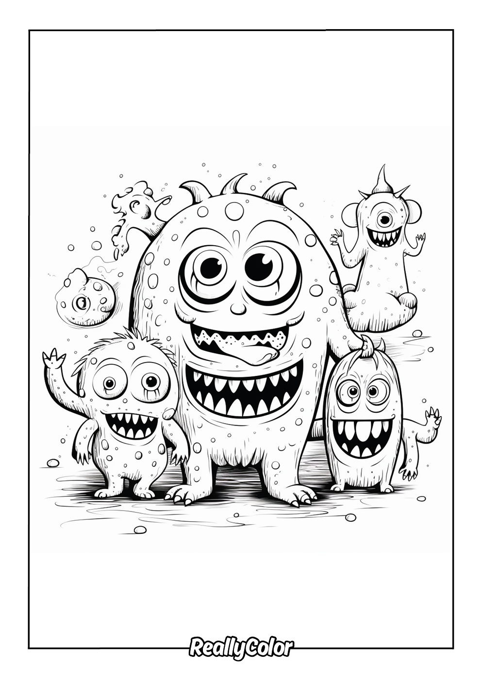 Coloring page of a monster family