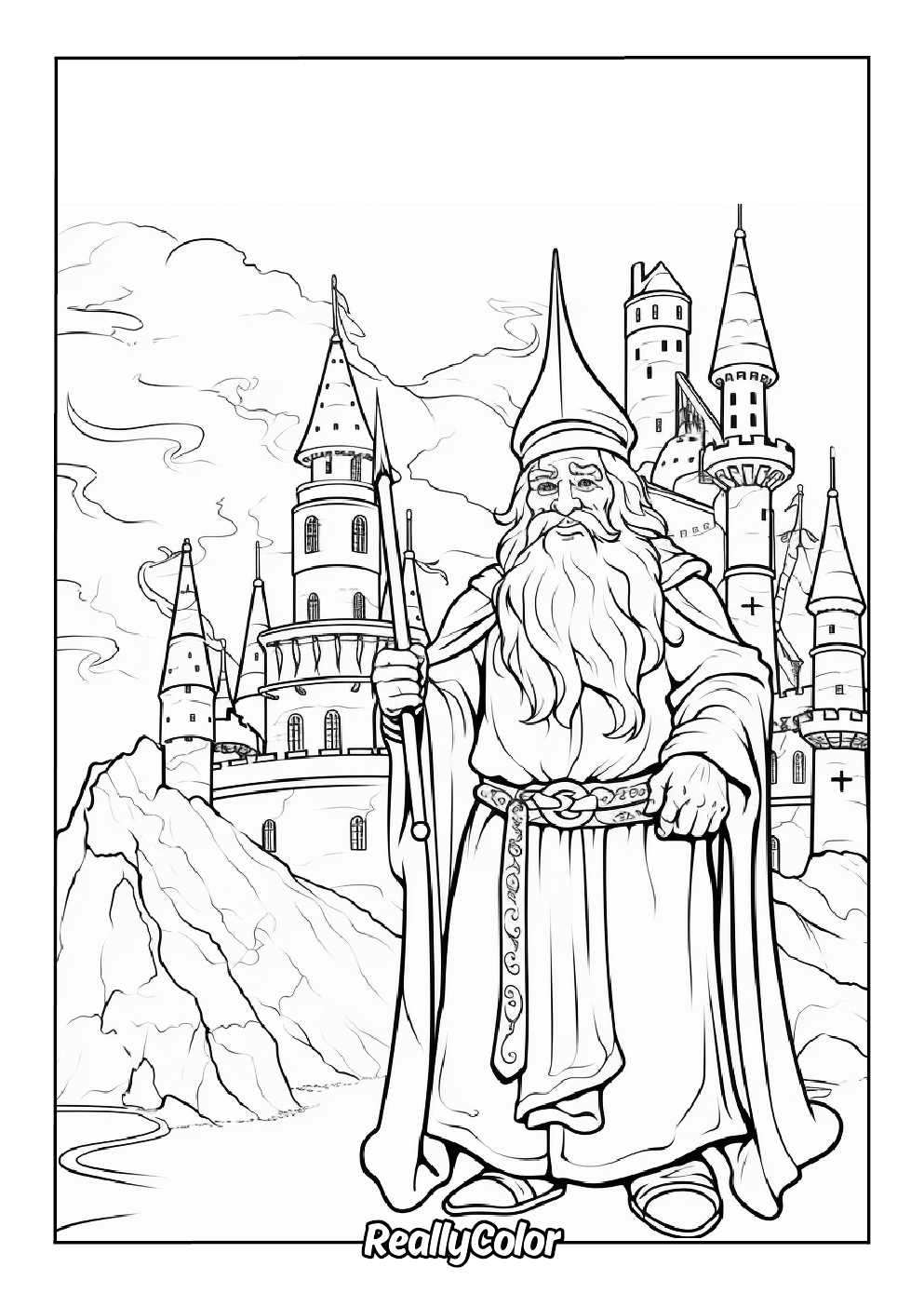 Coloring page of a mythical wizard near the castle