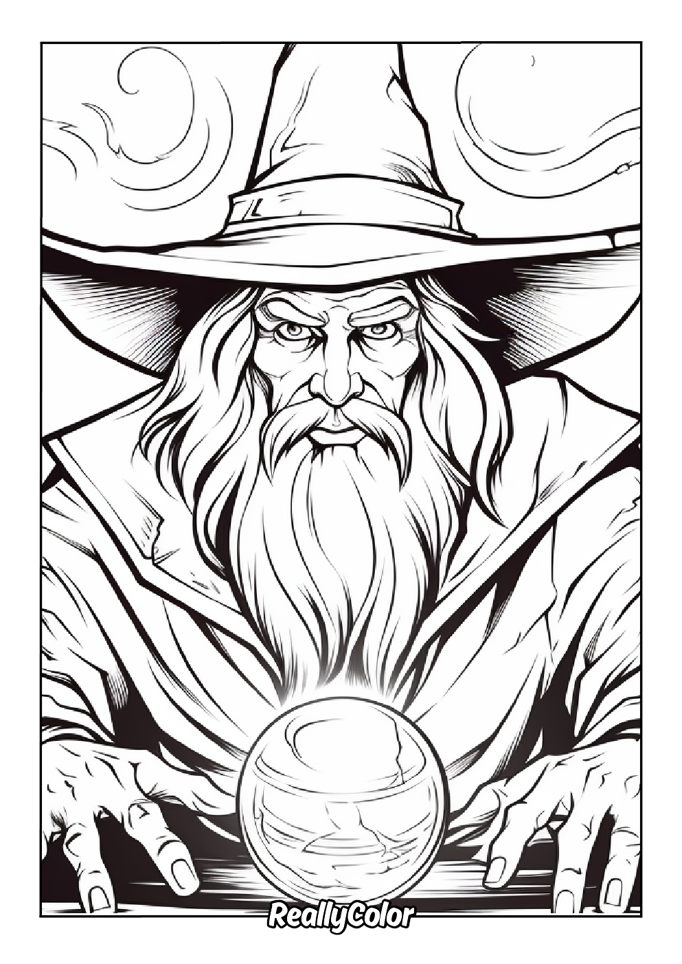 Coloring page of a scary wizard