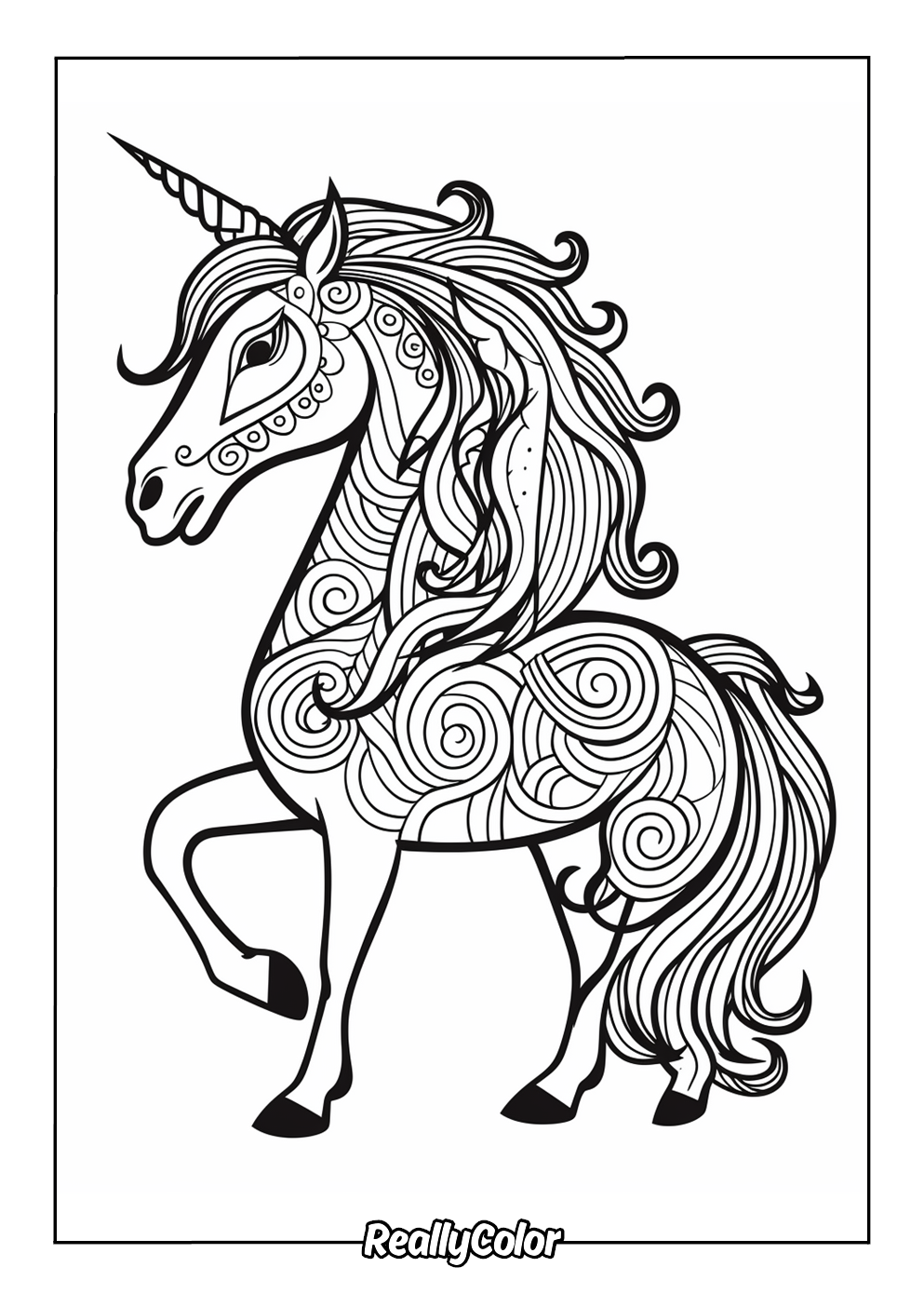Coloring page of a unicorn with patterns