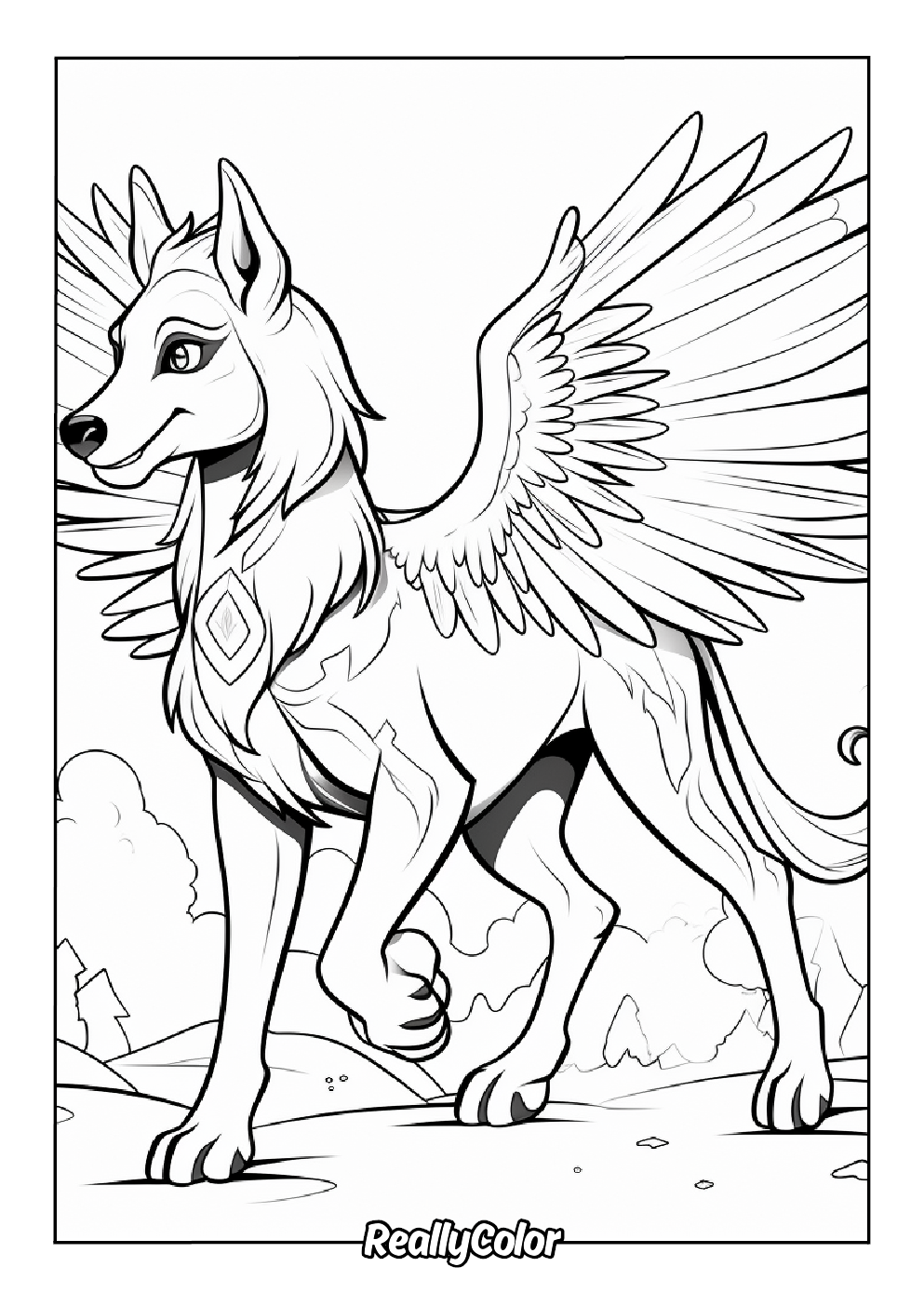 Cute cartoon wolf with wings coloring page