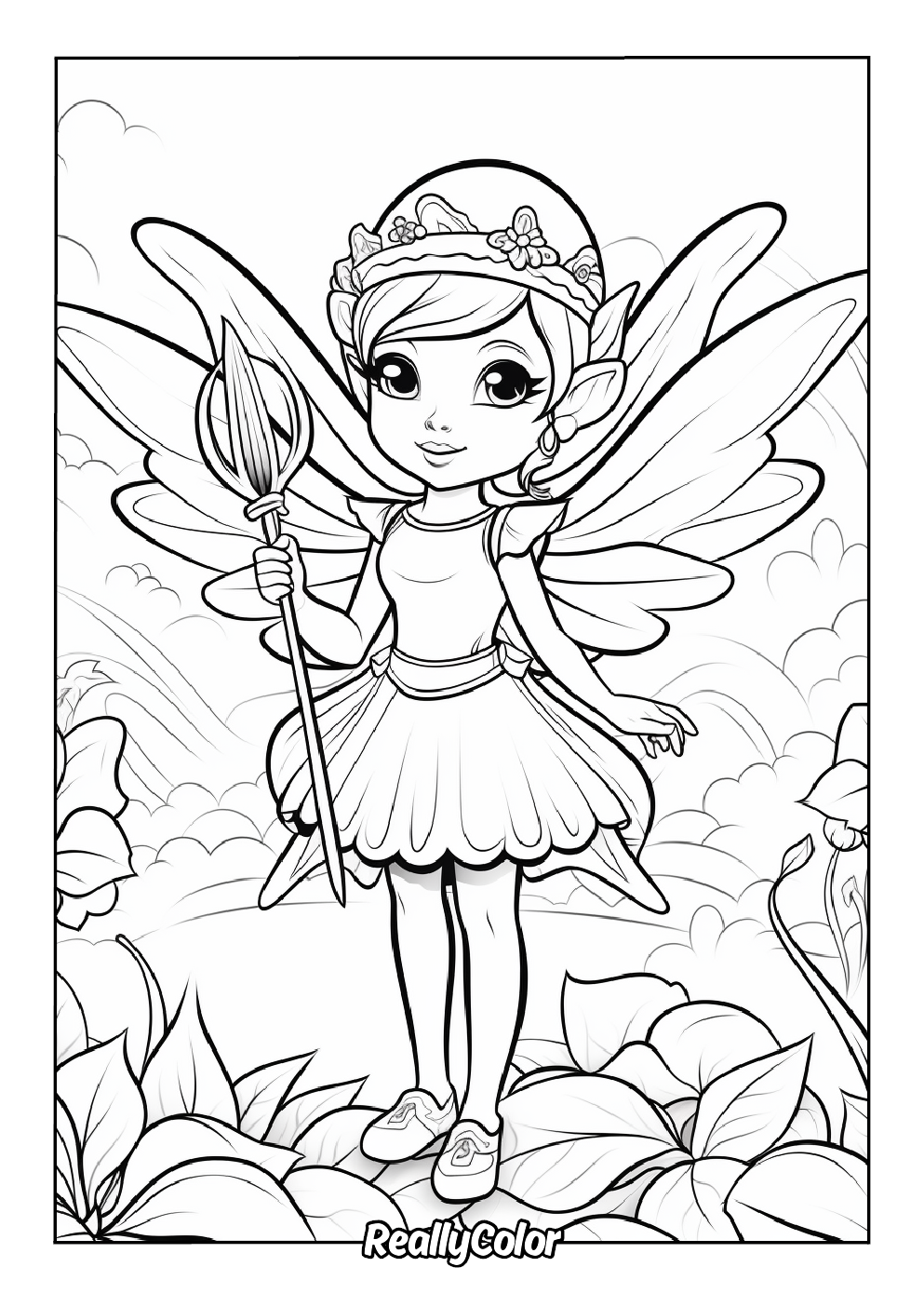 Detailed fairy coloring page for adults