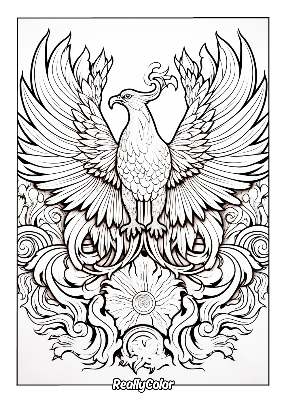 Detailed phoenix coloring page for adults