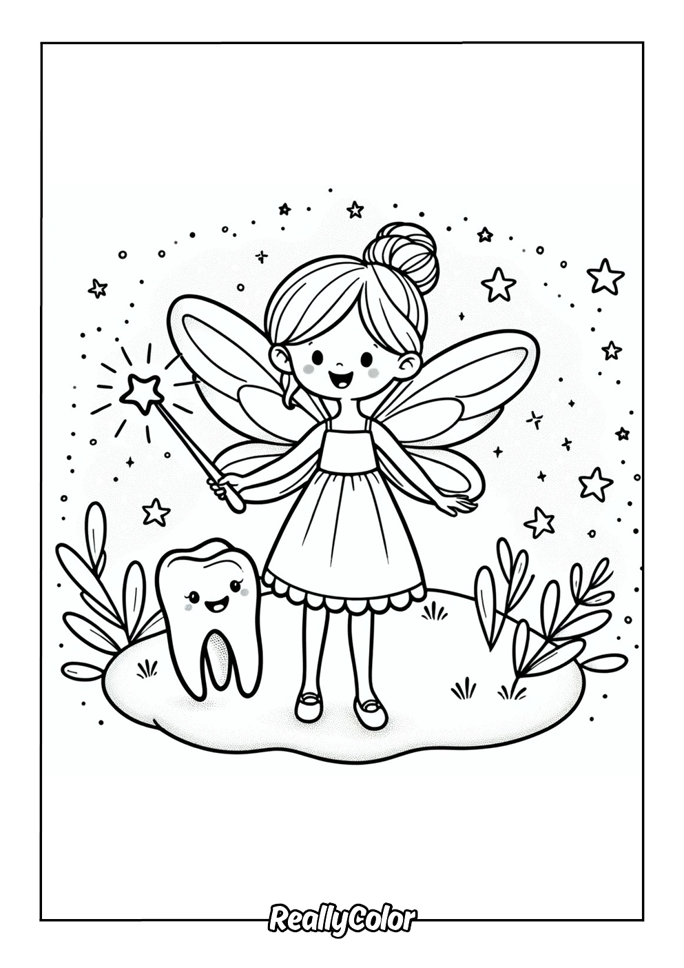 Easy tooth fairy coloring page for kids