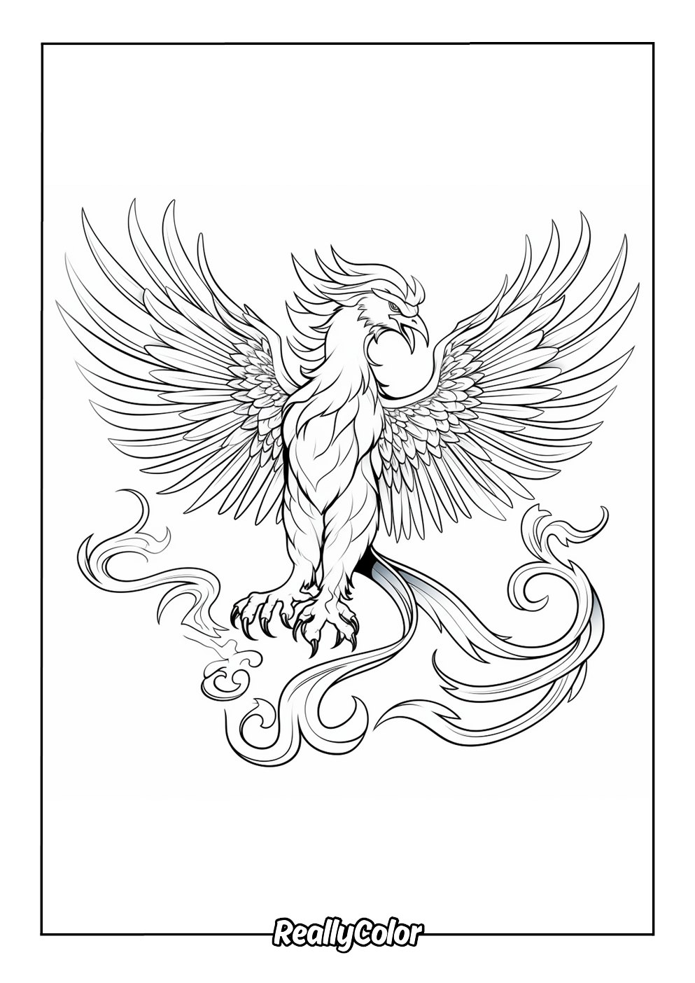 Printable coloring page of the mythical phoenix bird