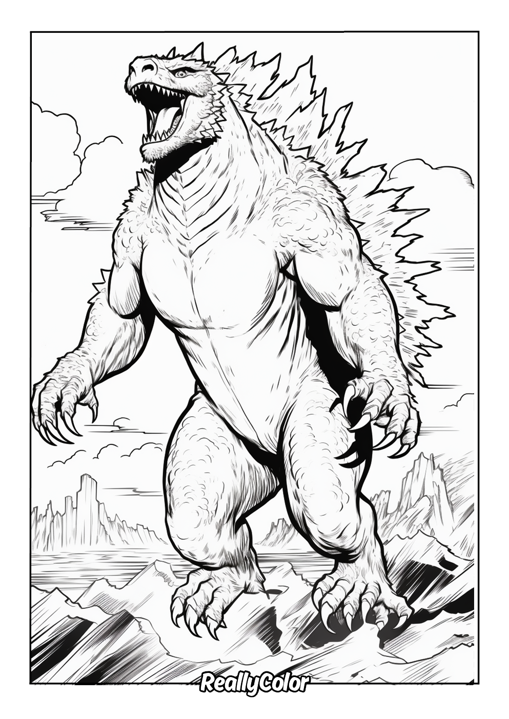 Realistic godzilla coloring page