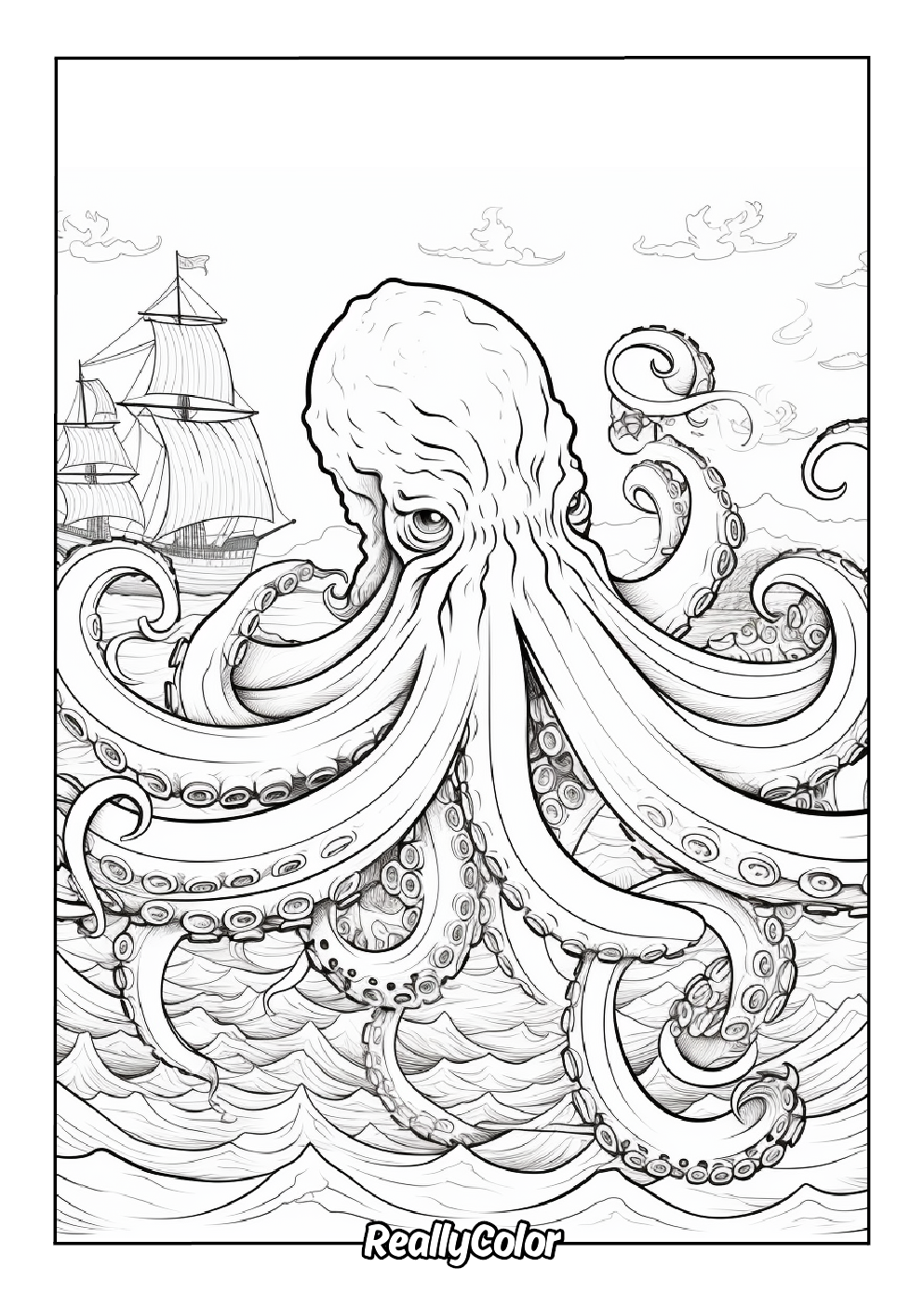 Realistic kraken coloring page for adults