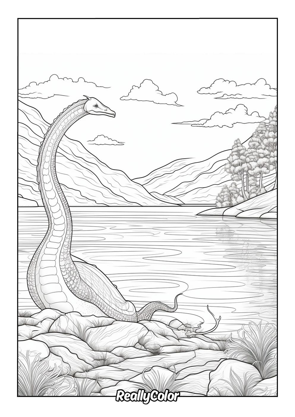 Realistic loch ness monster coloring page