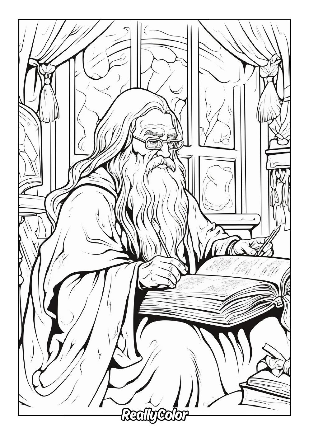 Realistic wizard coloring page for adults