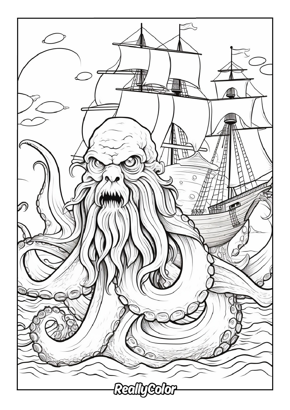 Scary kraken color page for adults