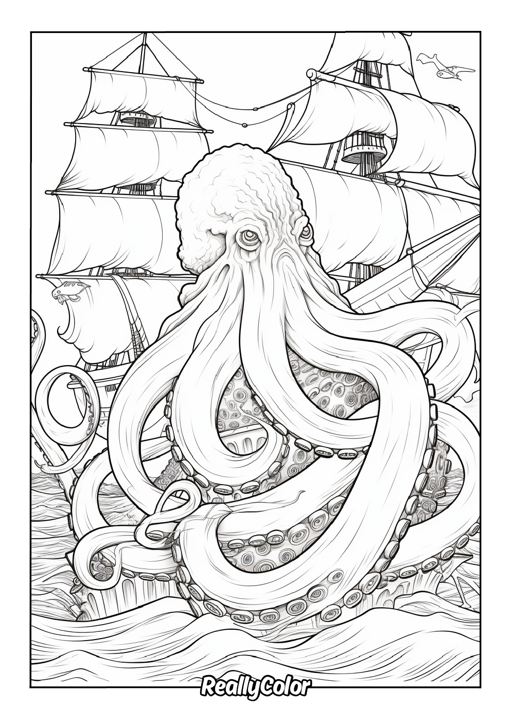 Terrifying kraken monster to color
