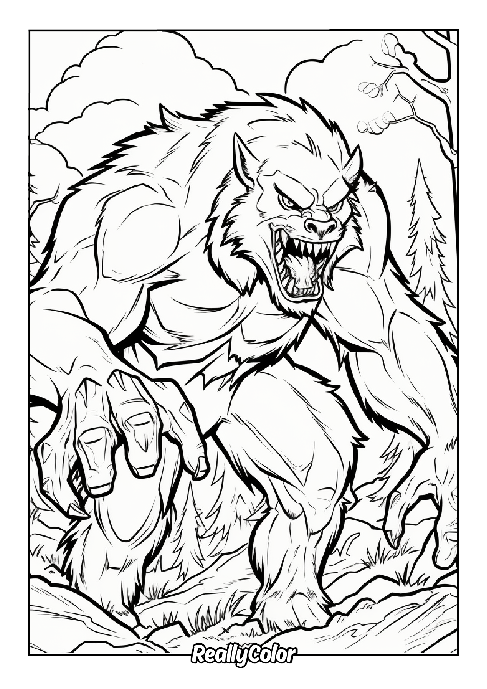 Terrifying werewolf coloring page for adults