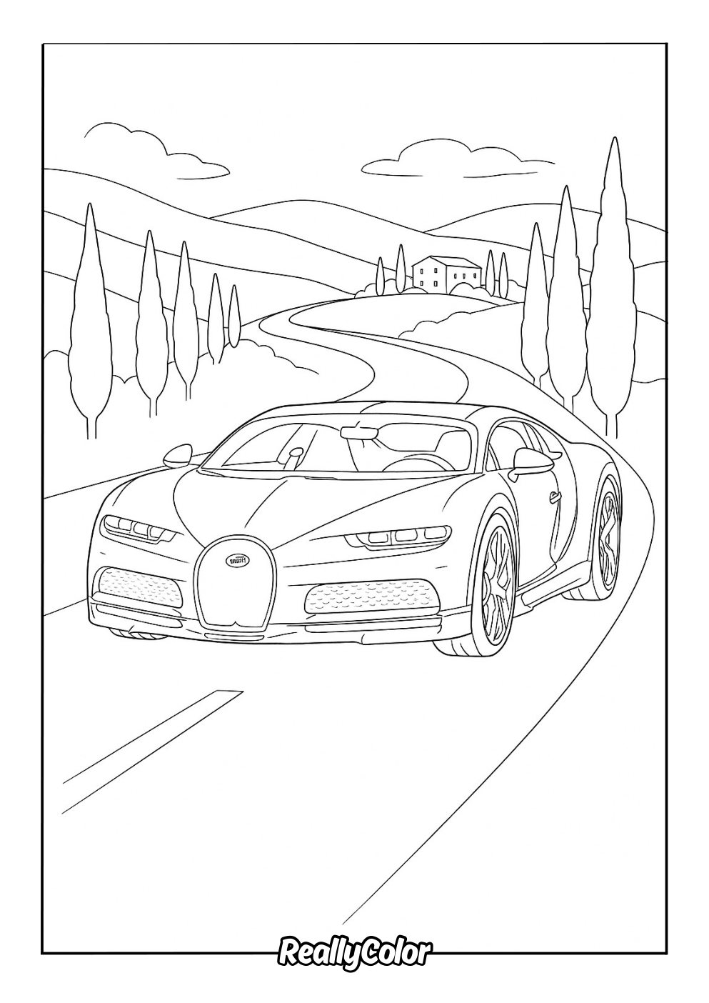 Bugatti on a nature drive coloring page