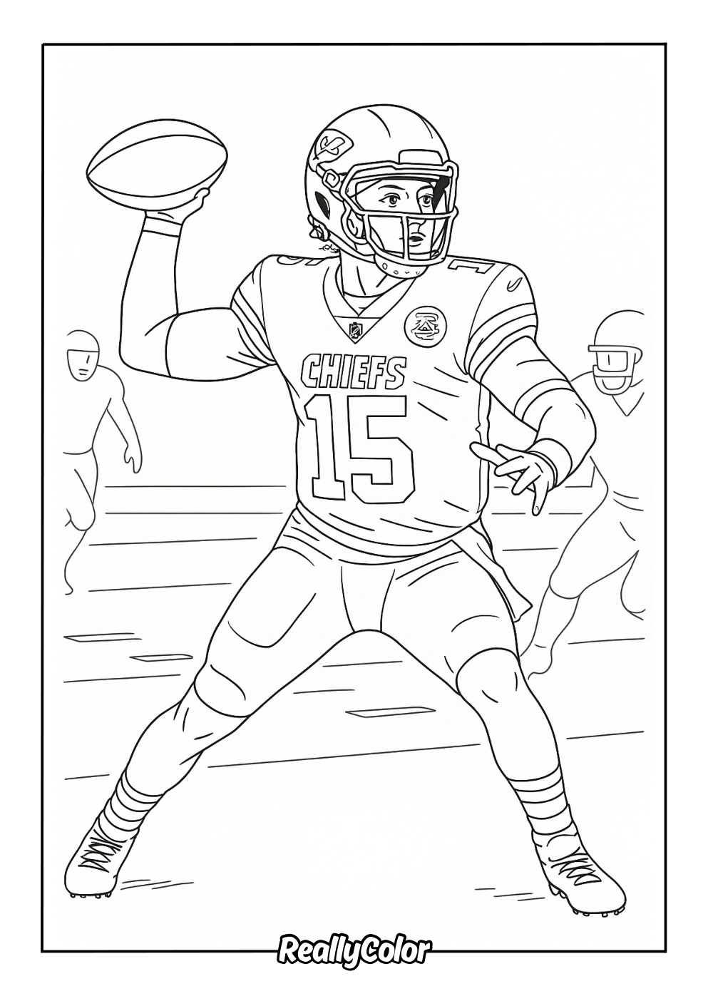 Coloring page of Patrick Mahomes throwing the ball