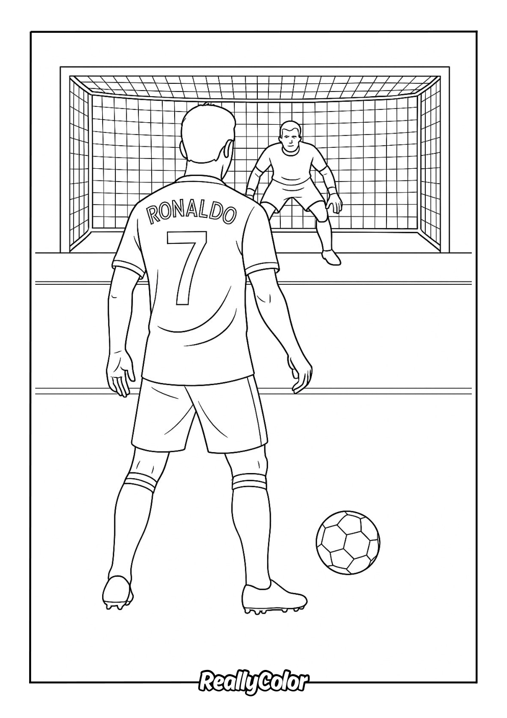 Coloring page of Ronaldo taking a penalty