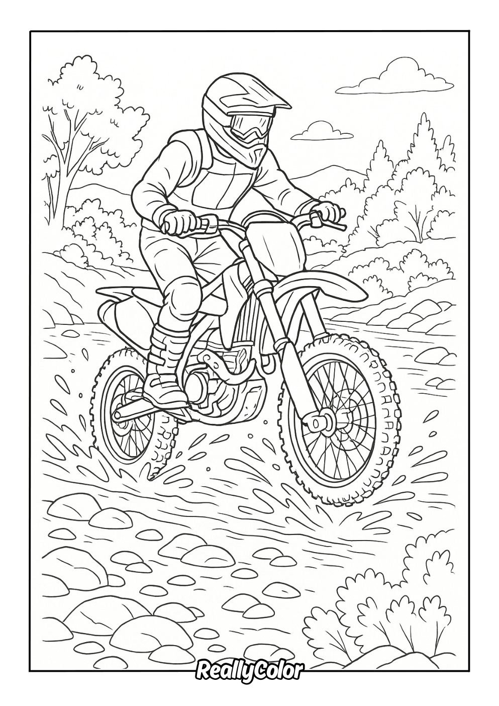 Dirt bike crossing a creek coloring page