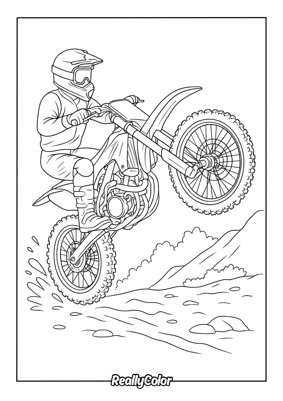 Dirt bike doing a wheelie coloring page