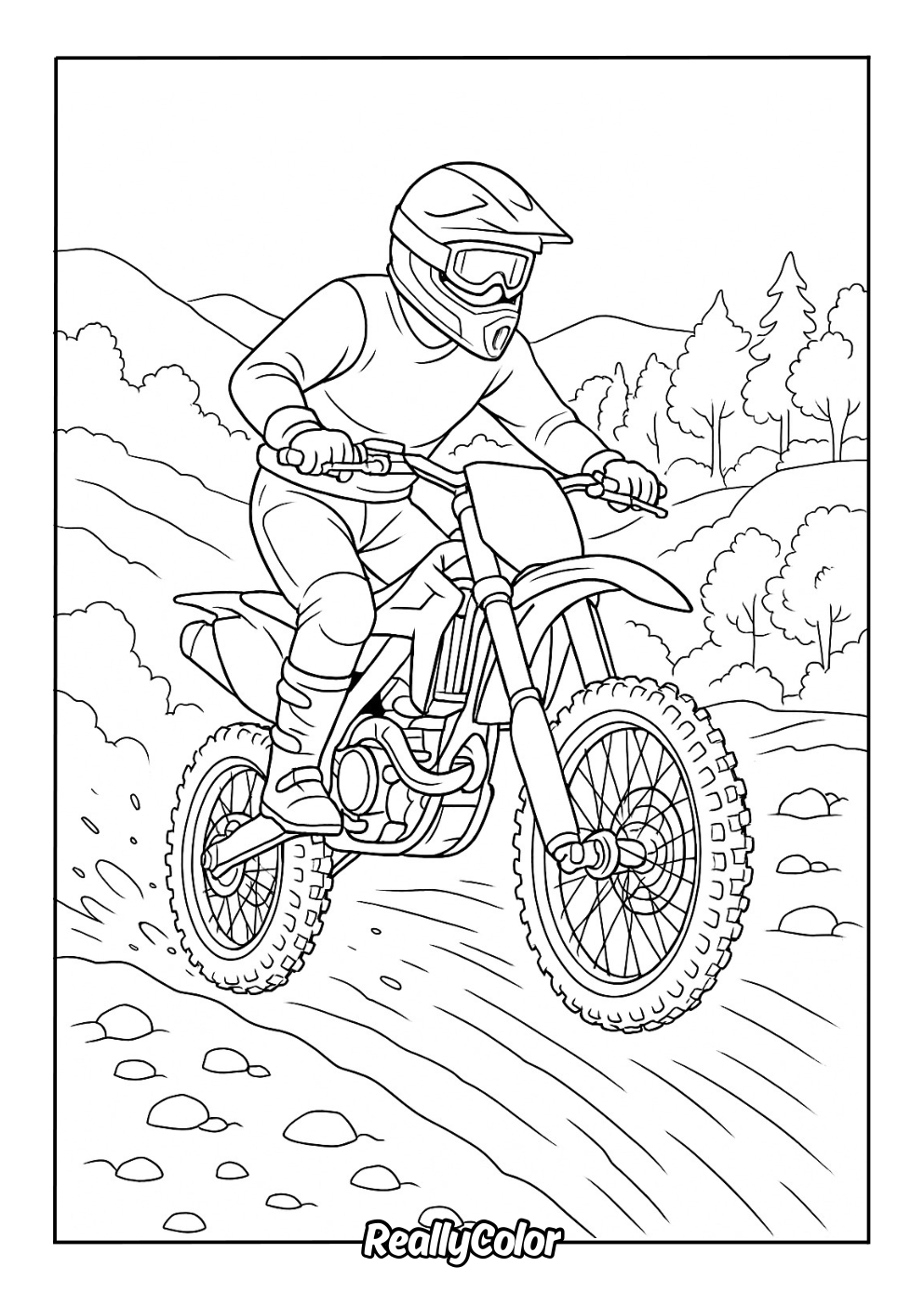 Dirt bike rider on off-road track coloring page