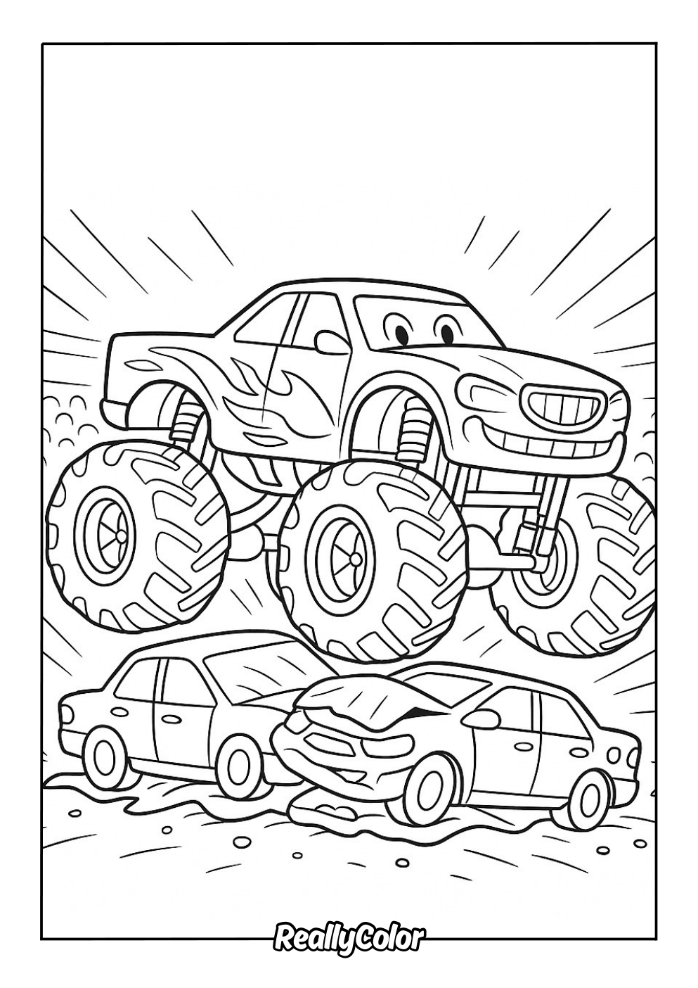 Free monster truck crushing cars coloring page