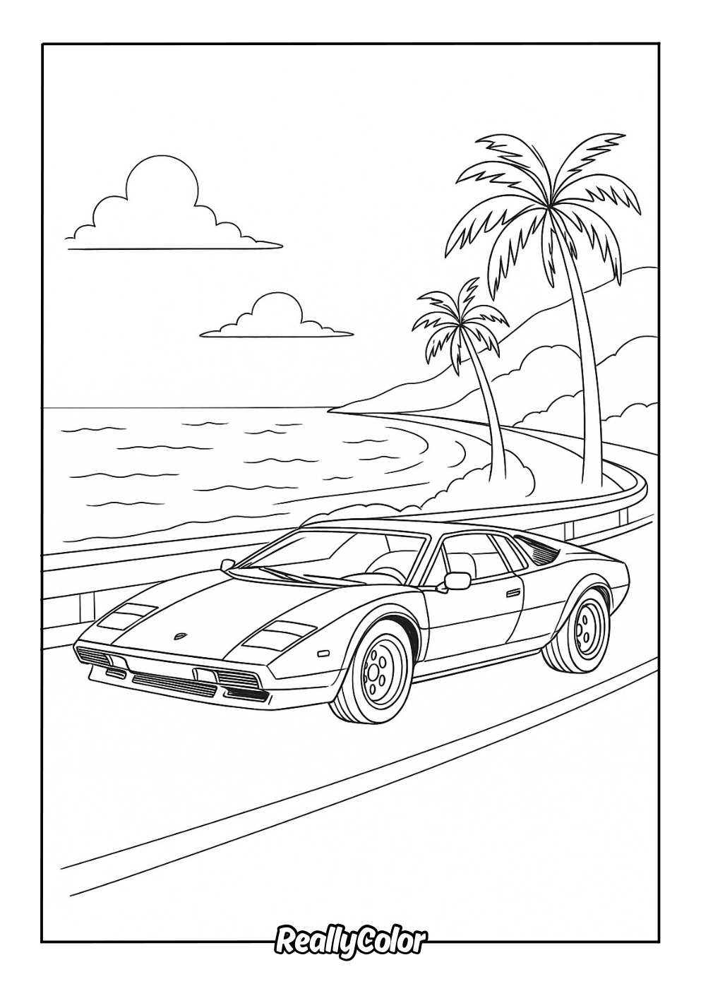 Lamborghini Countach on a beach drive coloring page