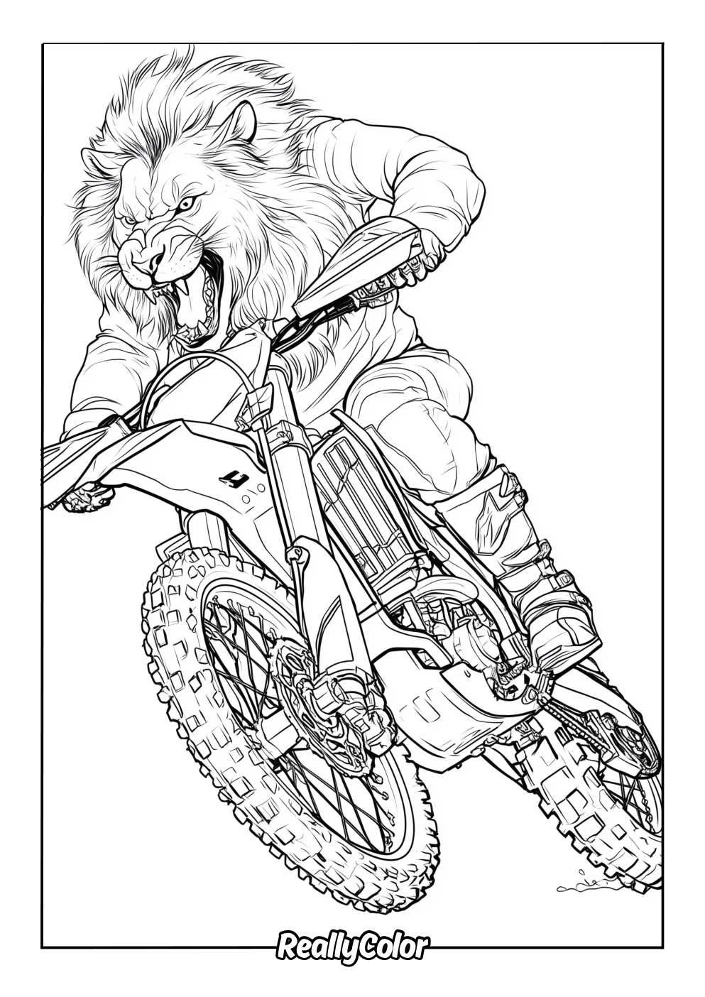 Lion riding a dirt bike coloring page