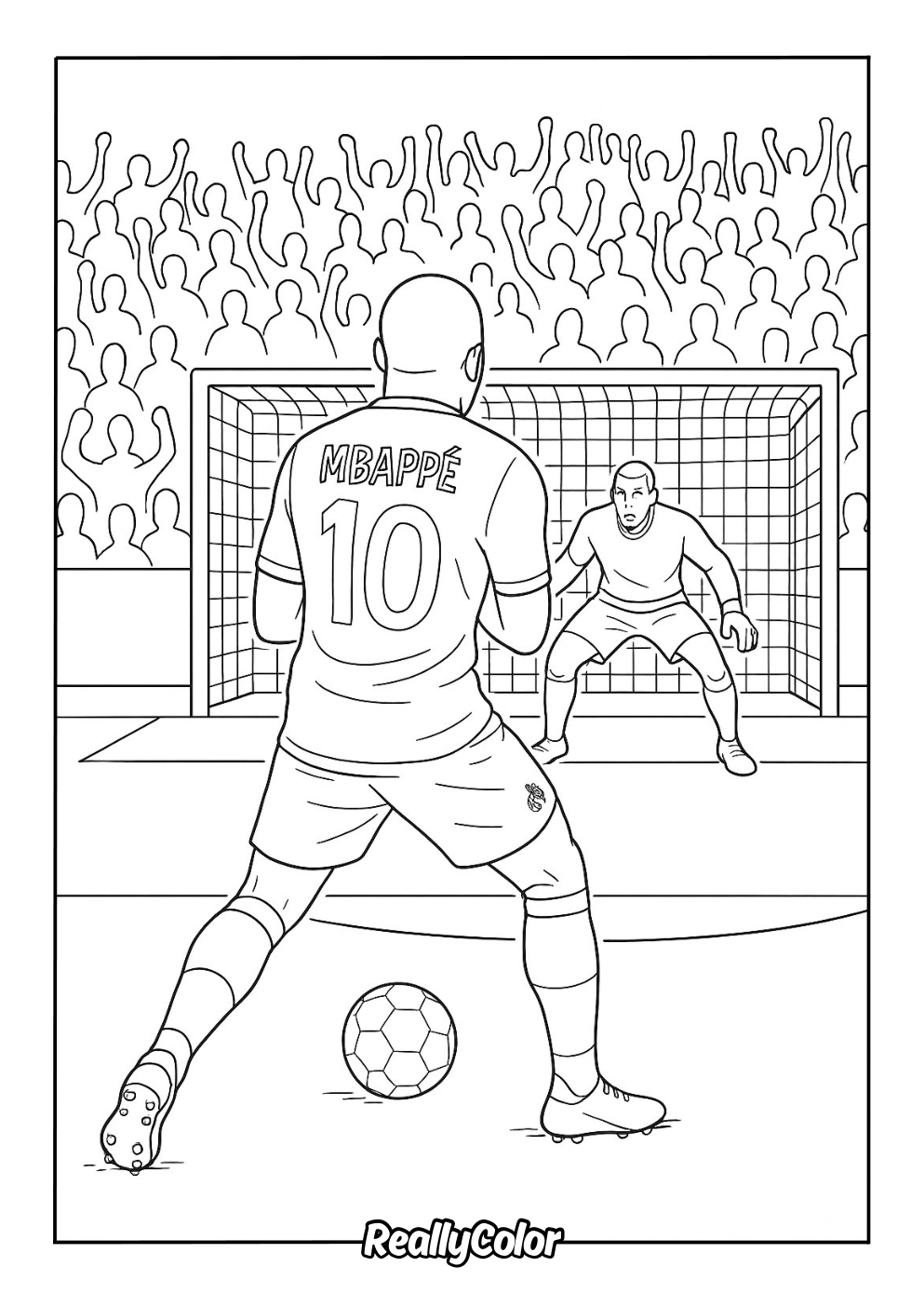 Mbappe versus the goalkeeper coloring page