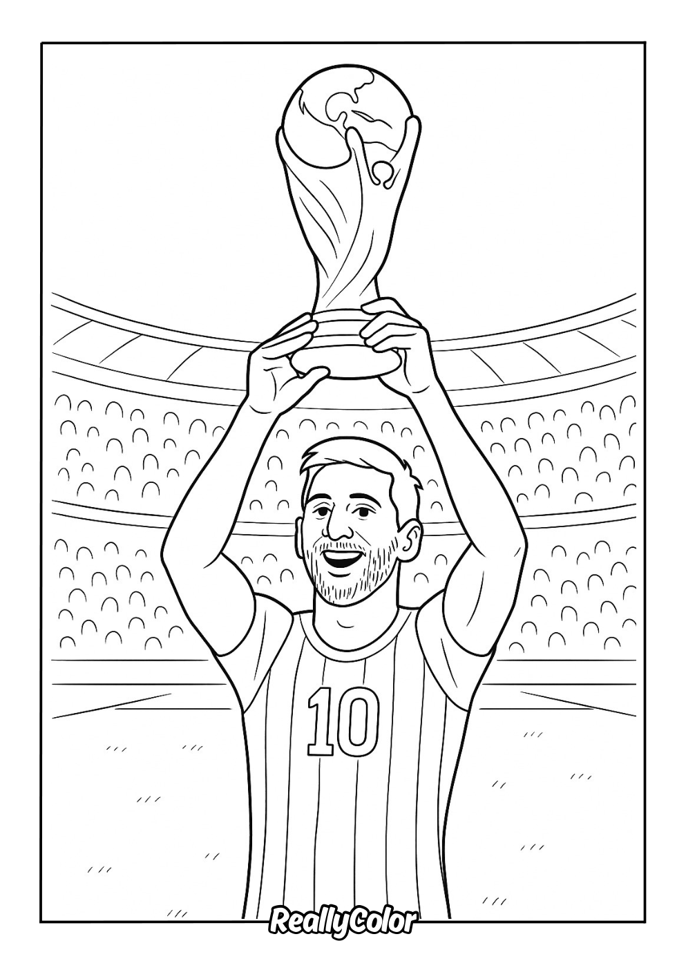 Messi lifting World Cup trophy coloring page