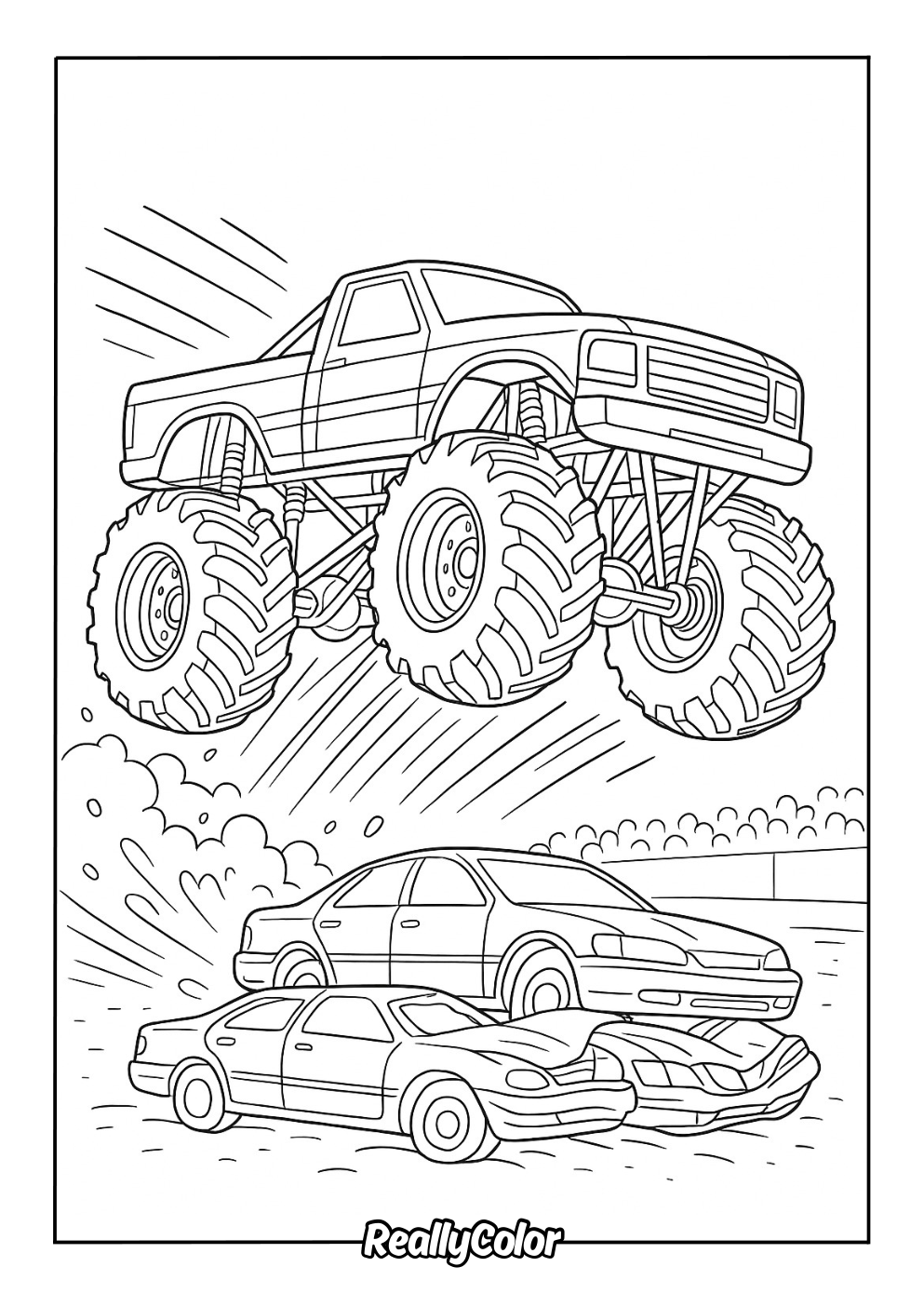 Monster truck jumping over cars coloring page