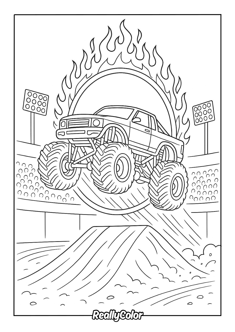 Monster truck jumping through ring of fire
