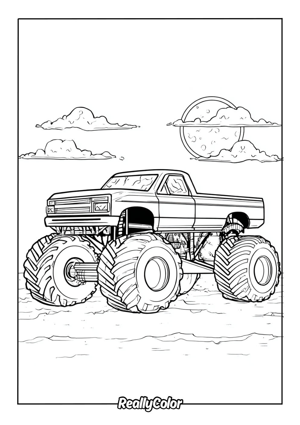 Printable coloring page of a monster truck